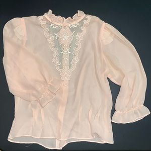 Vintage pink long sleeve blouse with back buttons and lace illusion neckline s